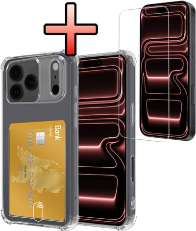 Hoesje - Geschikt voor Apple iPhone 17 Pro - Met Screenprotector - En Pashouder - En Kaarthouder - Telefoon Hoes Shockproof - Siliconen Case - Back Cover - Shock Proof - Pasjes Houder - Transparant