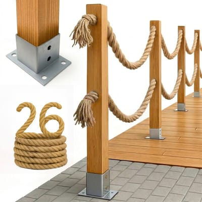 BOGATECO Nautische Touwomheining 26m - Houten Afzetting met Dubbel Jute Touw - Inclusief Paalhouders & Montagekit - 13 Maten Beschikbaar - Geïmpregneerd Grenen - Lichtbruin