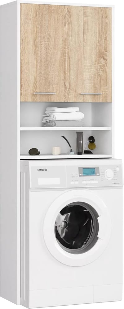 Wasmachinekast Hoogte 180cm - Wandmeubel voor Badkamer en Wasruimte - Opbergkast met 2 Deuren