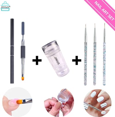 Dubbele Siliconen Gel Stamper + Nagel Penseel Set 3 Stuks Zilver + Polygel Penseel - French Manicure Tip Stempel - Nagelstempel Met Schraper - Nail Art Jelly Stamp - Nagel Stempel Kussen - Nail Art - Nail Pencil - Nagel Pennenset - Polygel