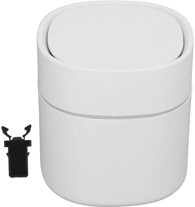 Ronde Prullenbak voor Tafelgebruik, 2 L, Met Drukdeksel, Ideaal voor Badkamer en Makeup, 14 x 13 cm, Plastic Waste Basket in Wit