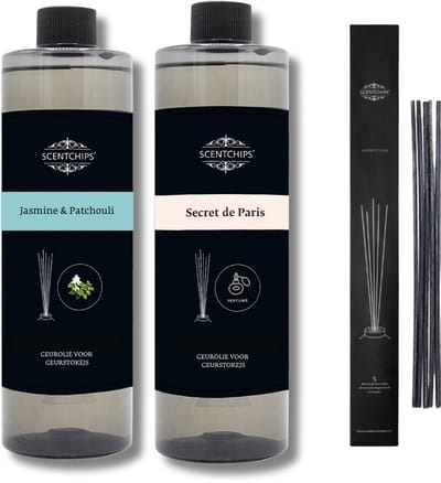 Navulling Jasmine patchouli + secret de paris + geurstokjes - Geurstokjes Navulling Set van 2 + 5 Geurstokjes - Geurverspreider - Luchtverfrisser - Huisparfum - 400ml x 2