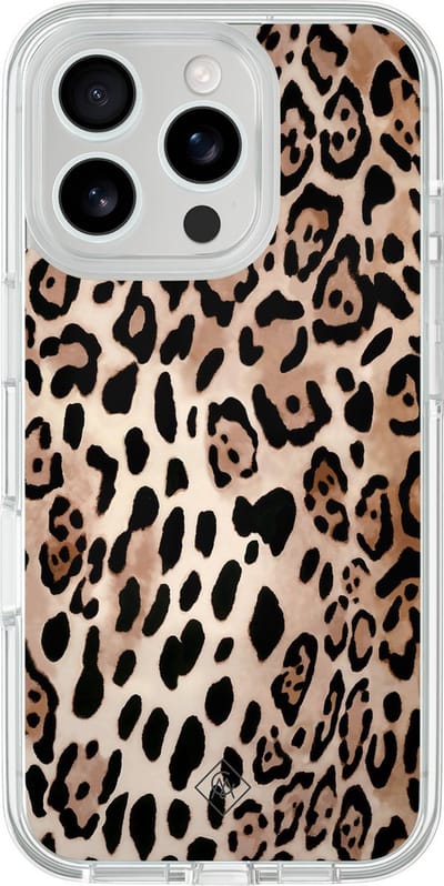Casimoda® hoesje - Geschikt voor iPhone 16 Pro Max - Luipaard print bruin - 2-in-1 case - Schokbestendig - Luipaardprint - Verhoogde randen - Bruin/beige, Transparant
