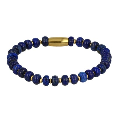 My Bendel - Elastische Armband met Lapis Lazuli Edelsteen Goudkleurig - Lapis Lazuli Armband - Zelfbewustzijn Versterker - met Luxe Cadeauverpakking | Sieraden Voor Dames | Maat S