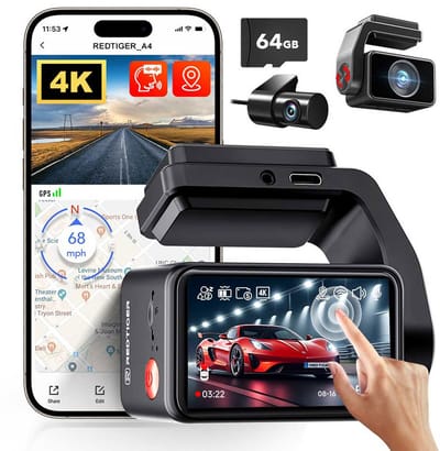 Redtiger A4 4K Touch Wifi Gps 2CH 64gb dashcam - Auto camera voor en achter - Wifi en Gps - Parkeermodus - 2,2 inch touch screen Lcd - 4K resolutie - 64gb Micro SD kaart - dashcam voor auto