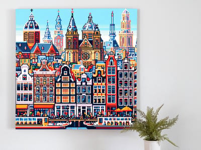 Pixel art amsterdam schilderij | Amsterdamse pixels: een kunstige verbeelding van de stad | Kunst - 60x60 centimeter op Canvas | Foto op Canvas