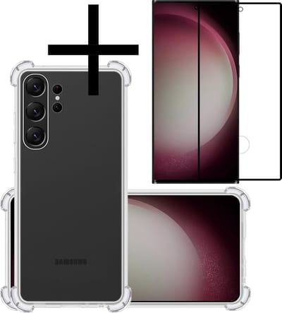 Hoesje - Met Screenprotector - Geschikt voor Samsung Galaxy S23 Ultra - Sterk & Shockproof - Siliconen Case - Back Cover - Telefoon Hoes - Shock Proof - Transparant