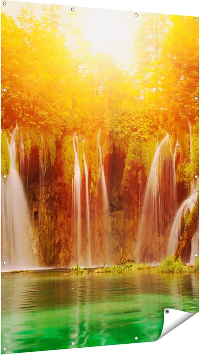 Gards Tuinposter Watervallen bij het Groene Meer met Zon - 120x180 cm - Tuindoek - Tuindecoratie - Wanddecoratie buiten - Tuinschilderij