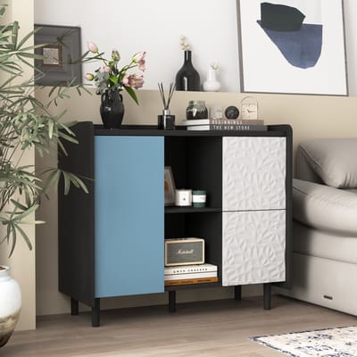 Wishdor Dressoir - 2 Laden - Open Opbergvakken - Opbergkast - MDF - Zwart Met Blau - 90 x 40 x 80 cm