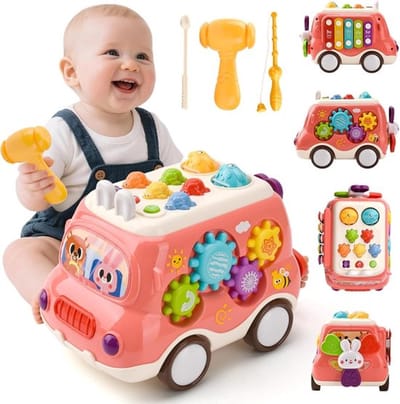 Speelgoed voor jongens van 1 jaar, Montessori speelgoedauto met xylofoon voor kinderen, muzikaal speelgoed voor baby's, Montessori educatieve speelgoedspellen voor 1-2 jaar, cadeau voor babyjongens en meisjes (roze)