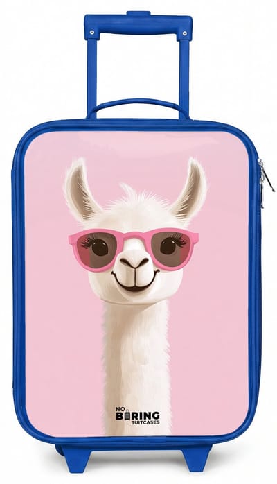 NoBoringSuitcases.com® - Kinderkoffer blauw - Kindertrolley jongen - Lama - Wit - Zonnebril - Wimpers - Koffer kind lichtgewicht - Reiskoffer trolley voor kinderen - Koffertje met lichtgevende wieltjes - Rolkoffer