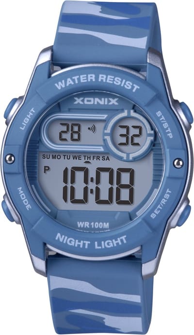 Xonix-herenhorloge-jongens-model baz-a04-alarm-datum-timer-chrono-12/24 uurs aanduiding-100 meter waterdicht-camouflageprint-blauw