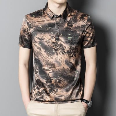 Heren T-shirt Zomer Korte Mouwen Kraag Jong en Middelbare Leeftijd Mode Zijde Heren Tops Casual T-shirt Trend XXXL gray