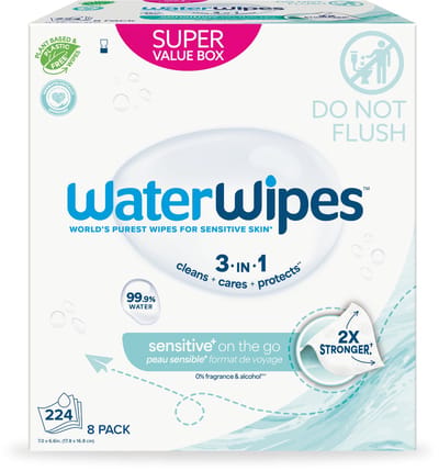 WaterWipes Sensitive On The Go Doekjes – Verfrissingsdoekjes voor Onderweg – 99,9% Water – Voor Hele Lichaam – 8 x 28 Stuks – 224 Doekjes – Voordeelverpakking