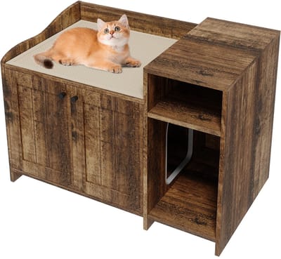 Kattenbakmeubel met opbergblad – houten verborgen kattenbakkast en kattenhok, afgesloten kattenbadkamer als bijzettafel, past de meeste kattenbakken, voor binnengebruik