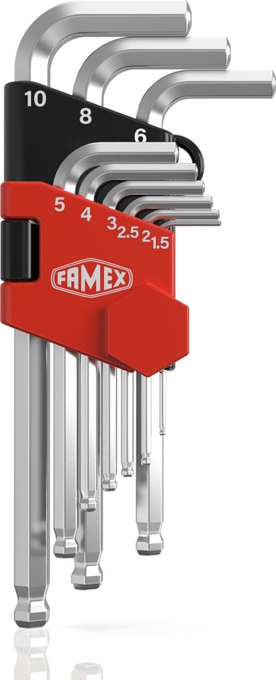 FAMEX 10784 Inbussleutel set voor inbusschroeven, lang, met kogelkop, 1,5 - 10mm, 9 stuks