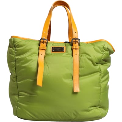 Groene Nylon Gevoerde Logo Plaque Tote Schoudertas