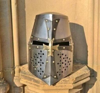 Tempeliers Helm - Ridder Helm - Middeleeuwse Re-enactment - Handgesmeed Staal - 16 inch Hoogte - Zilver