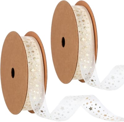 Gouden Satijnen Ribbons met Sterrenpatroon - 2 Rollen van 1,5 cm en 10 Yard voor Creatieve Knutselprojecten, Cadeauverpakking en Bruiloften
