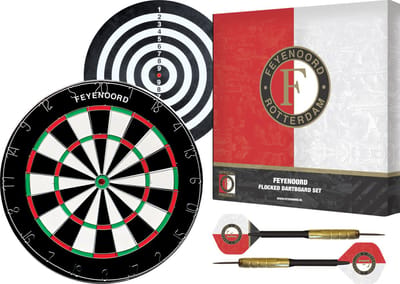 Feyenoord Flocked Dartbord - Dubbelzijdig - Dartbord met 6 dartpijlen - Dart Flights - Dart Shafts - Darts - Cadeau