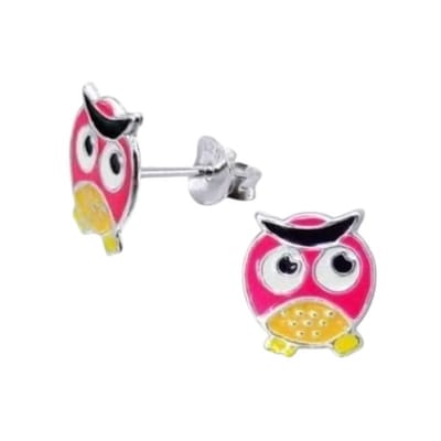 Aramat Jewels | Oorbellen | Zilveren Uiltjes Oorbellen - Geel/Roze Emaille - Cadeautip | | | |10mm | Zilver | Kinderen | Verkleurd niet