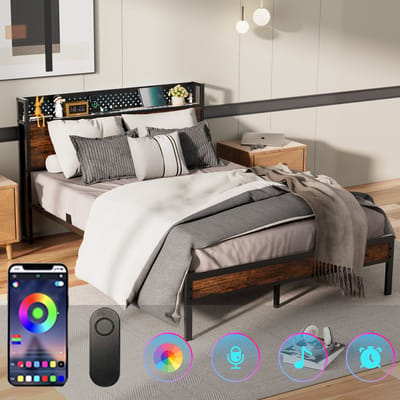KUTAS Metalen Bed 140x190 cm - Tweepersoonsbed - Met Lattenbodem - Bedframe met Led Verlichting - Met Stopcontacten - USB -Type C - Eenvoudige Montage - Voor 2 personen