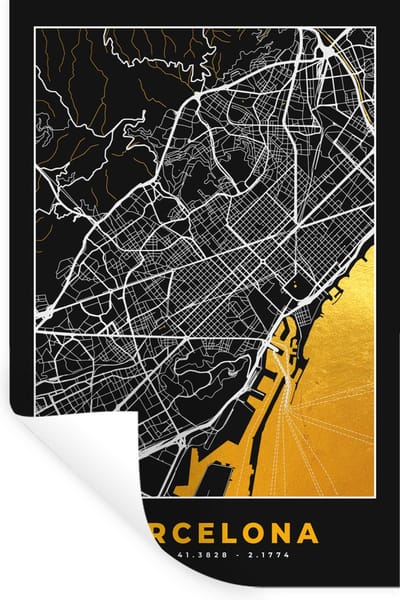 Muurstickers - Sticker Folie - Barcelona - Stadskaart - Plattegrond - Goud - Kaart - 20x30 cm - Plakfolie - Muurstickers Kinderkamer - Zelfklevend Behang - Zelfklevend behangpapier - Stickerfolie