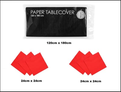 1x Tafelkleed papier zwart 120cm x 180cm + 40x Cocktail servetten rood 24cm x 24cm 3 laags