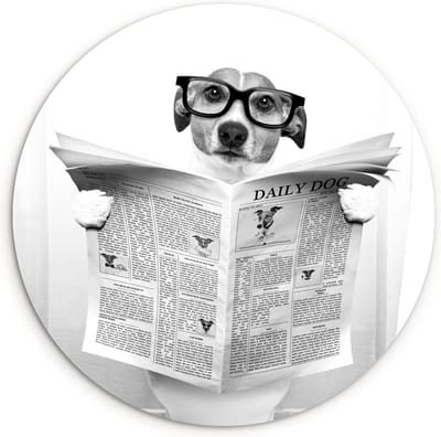 WallCircle® Wandcirkel 120x120 cm - Muurcirkel Hond - Krant - Toilet - Zwart wit - Dieren - Huisdieren - Portret - Humor - Muurdecoratie cirkel woonkamer - Wanddecoratie slaapkamer - Kamer decoratie accessoires - Ronde schilderijen