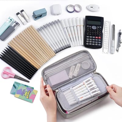HAUSS SPOLE Pennenzak-Etui Met Grote Capaciteit-Multifunctionele Organizer-Voor School & Kantoor-5 Vakken-23×11×6.5cm-Canvas-Grijs