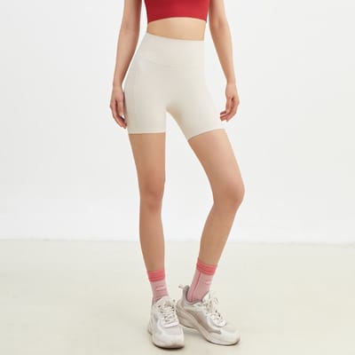 Dames yogashort-hoog taille-naadloos-heupvormend-met zakjes-buiten sporttraining-fitnessshort-draagbaar buitenhuis-Wit crème— S