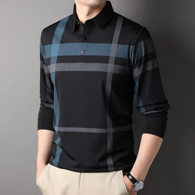 Lente en Herfst Nieuwe Heren Polo met Lange Mouwen Zakelijk Casual Gestreept Los Dunne T-shirt Papa Kleding XXL black