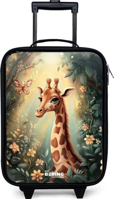 NoBoringSuitcases.com® - Kinderkoffer jongen - Kindertrolley meisje - Jonge giraf tussen bloemen in zonnig woud - Koffer kind lichtgewicht - Reiskoffer trolley voor kinderen - Koffertje met lichtgevende wieltjes - Rolkoffer zwart