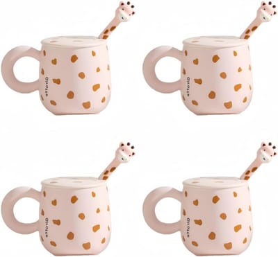 Schattige keramische mokken met deksel en lepel, 400 ml, set van 4 in blauw, roze en geel, perfect cadeau voor kinderen en volwassenen