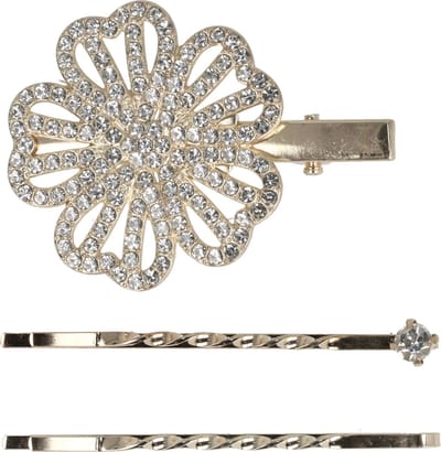 Haarsoires Haarspeld Duckklem & Schuifspeldje 5cm – Bloemvorm met Steentjes – Zilver – Set van 3 - Sterke Haarclip voor Styling & Dagelijks Gebruik - Hair Clip - Decoratieve Haaraccessoire