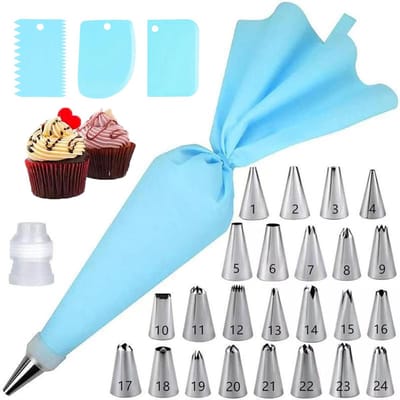 31 stuks spuitzak en spuitmondjes set, 24 roestvrijstalen spuitmondjes met 2 herbruikbare EVA-spuitzak, 3 schrapers, 2converter , bakgerei voor taart-, dessert- en koekdecoratie (Blauw)