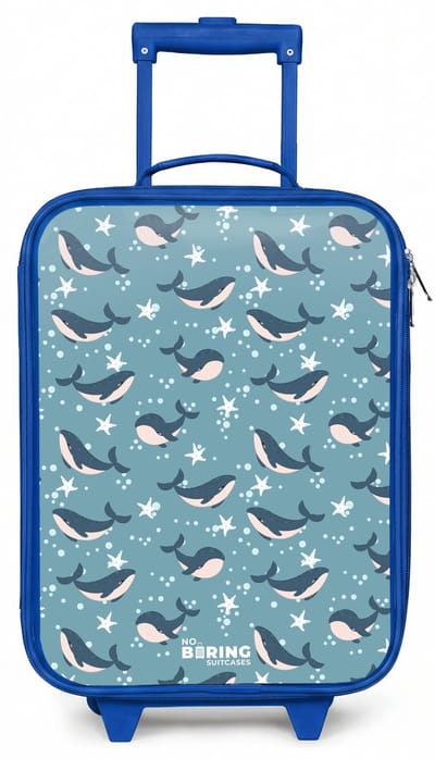 NoBoringSuitcases.com® - Kinderkoffer blauw - Kindertrolley jongen - Donkerblauw walvissenpatroon met zeesterren - Koffer kind lichtgewicht - Reiskoffer trolley voor kinderen - Koffertje met lichtgevende wieltjes - Rolkoffer