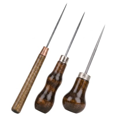 Bruin houten handvat priem set gereedschap voor beide met metalen punt 3 delig naai gereedschap leer bewerking schoen reparatie hand gereedschap met ronde schacht en stalen punt