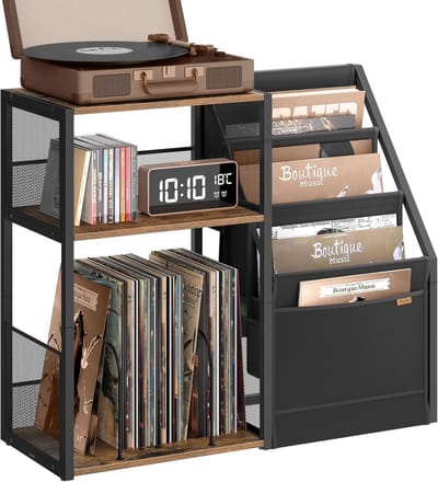 Homesy LP Speler Meubel - Platenspeler meubel - Platenspelerkast - LP Kast - Vinylkast - LP opbergkast - 30×81×69 cm-Platenspeler Standaard met Platenopslag – 3 Etages – Voor ca. 140 LP’s – Bijzettafel & Vinylrek – Industrieel Design
