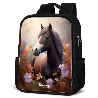 NoBoringSuitcases.com® - Rugzak zwart - Schooltas jongen & meisje - Paard - Manen - Grijs - Bloemen - Rugtas voor school - Boekentas kind - Schoolrugzak - Kinderrugzak