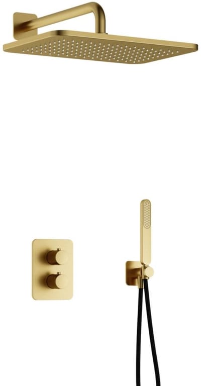 Hotbath Gal - GL106 - Inbouw Regendoucheset - Geborsteld Messing PVD - 2 Stopkranen - Thermostatisch - Wandarm 35 cm - Hoofddouche 270x400 mm - Staafhanddouche - met GL106 - V02