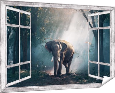 Gards Tuinposter Doorkijk Olifant in het Bos met Zonneschijn - 180x120 cm - Tuindoek - Tuindecoratie - Wanddecoratie buiten - Tuinschilderij