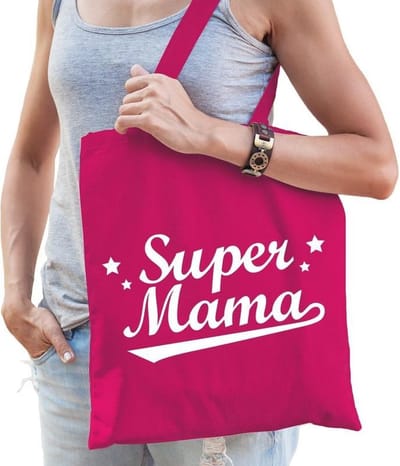 Cadeau tas Super mama fuchsia roze katoen - kado tasje voor moeders
