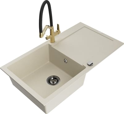 Mexen Leo granieten spoelbak 1-komors met afdruiprek en keukenmengkraan Duo, beige - 6501-69-671701-57-B