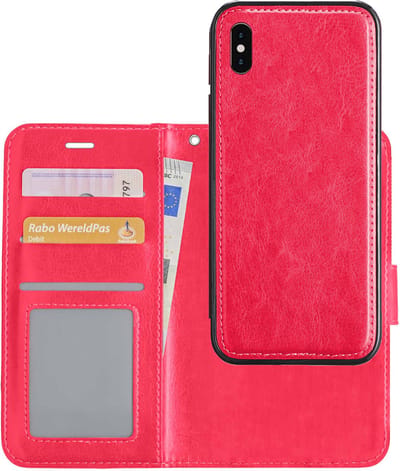Hoesje Geschikt voor iPhone X Hoesje Case Uitneembare Bookcase 2-in-1 Hoes - Hoes Geschikt voor iPhone X Hoes Wallet Case Met Pasjeshouder Hoesje - Donkerroze
