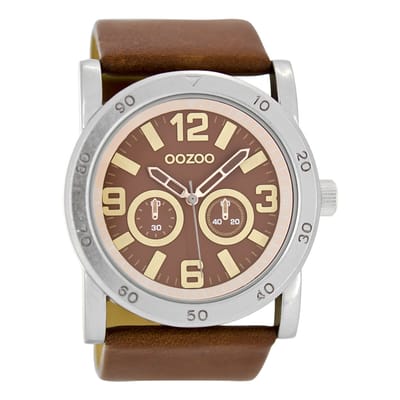 OOZOO Timepieces - Zilverkleurige horloge met bruine leren band - C8306