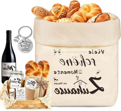 Broodmand 38 x 16 cm - Katoenen geschenkmand voor verhuizing, inclusief brood, zout, wijn en sleutelhanger, perfect voor nieuwe woningen