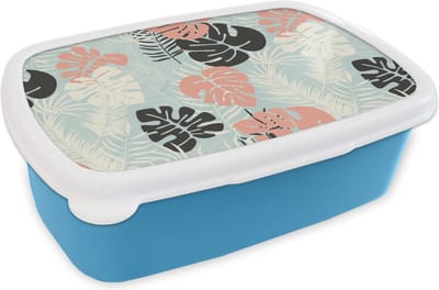 Broodtrommel Blauw - Lunchbox - Brooddoos - Bladeren - Monstera - Pastel - Hawaii - Patronen - 18x12x6 cm - Kinderen - Jongen
