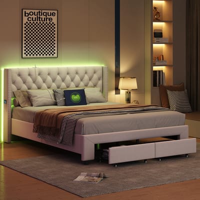 Tweepersoonsbed 140x190 cm beige fluweel met LED- en USB-hoofdbord, gestoffeerd bed met studs