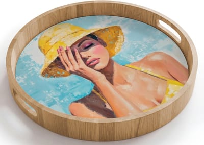 Dienblad rond 40x40 cm - Schootdienblad hout - Schilderij - Vrouw - Hoed - Geel - Borrelplank rechthoek - Plateau houten dienbladen